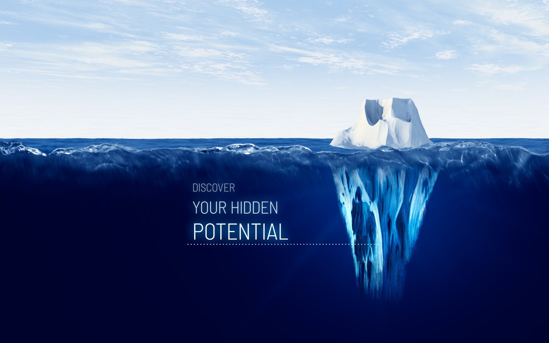 Discover your hidden potential. Motivational concept with iceberg – bigger part representing potential is hidden under water.