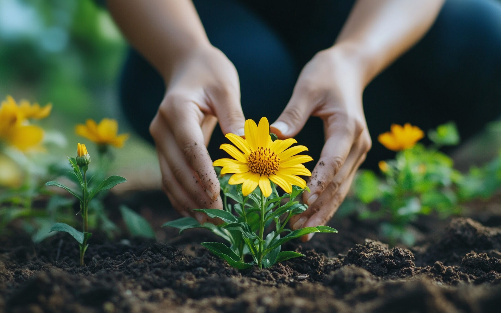 hands gently planting a vibrant yellow flower into the soil, symbolizing growth, renewal, and the nurturing spirit of nature. The soft earth cradles the delicate roots, promoting life